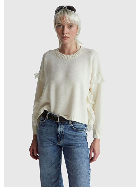 United Colors Of Benetton Kadın Krem Yün ve Akrilik Karışımlı Ribana Detaylı Bisiklet Yaka Kazak - S000481895-19966