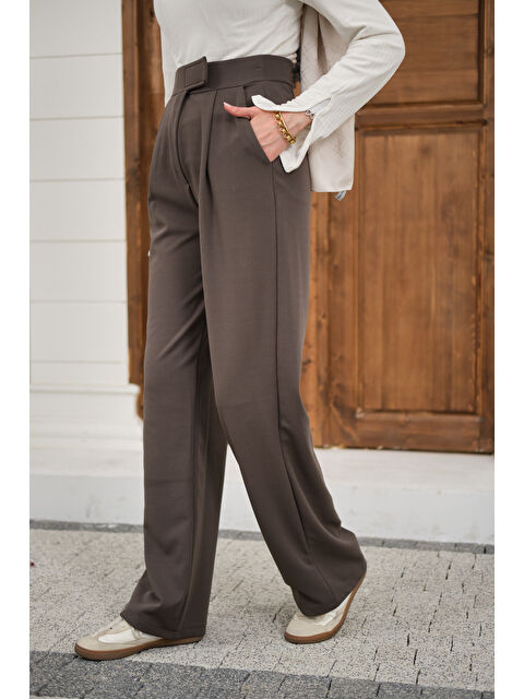 Locco Moda Kadın Cırtcırt Detay Kumaş Pantolon Füme