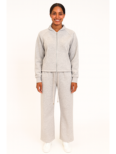For You Moda 3 İplik Şardonlu Kapüşonlu Kadın Eşofman Takımı | Gri - S000474600-20600