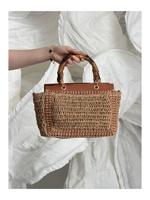 Luminos Butik Bambu Saplı Camel Hasır Çanta CNT1115