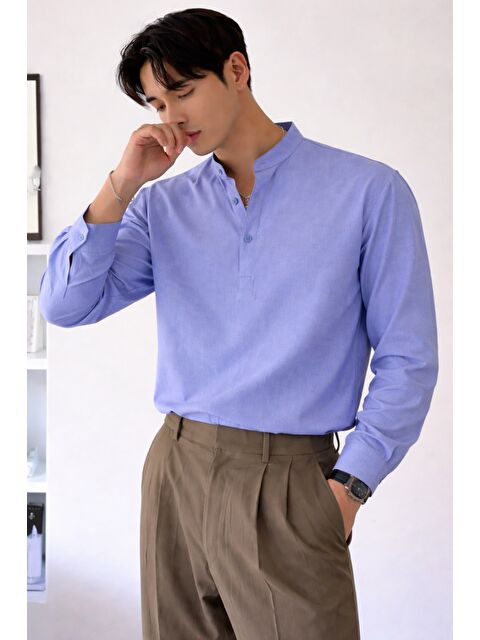 Tarz Cool Keten Karışımlı 3 Düğmeli Hakim Yaka Erkek Gömlek Slim Kesim Yazlık