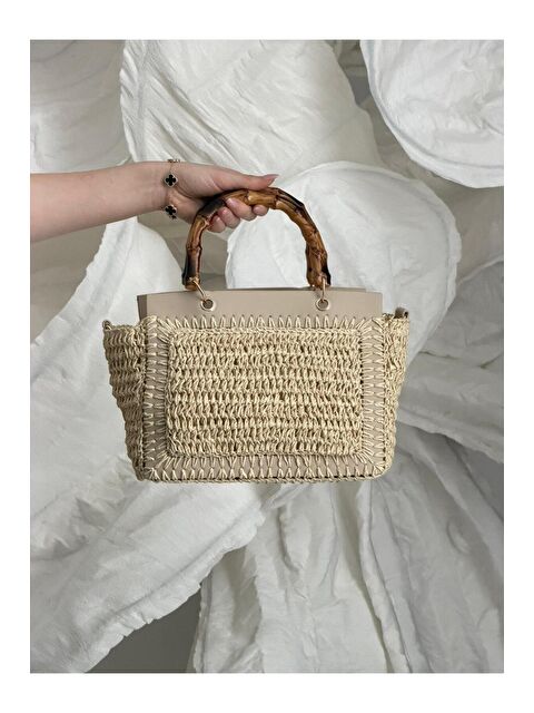 Luminos Butik Bambu Saplı Bej Hasır Çanta CNT1115