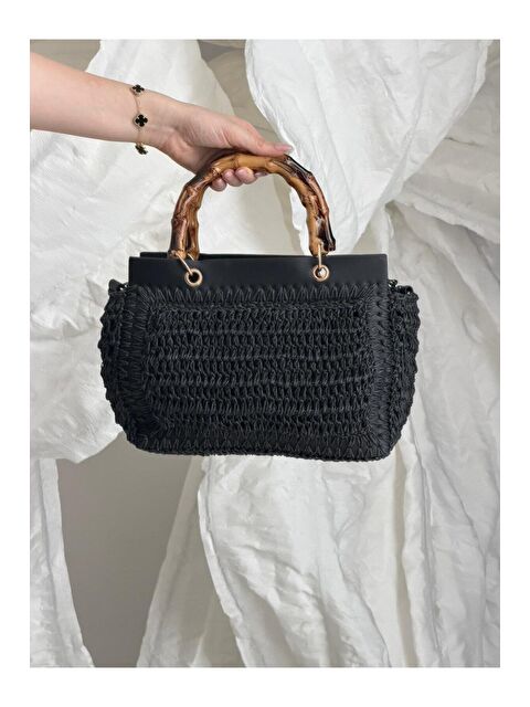 Luminos Butik Bambu Saplı Siyah Hasır Çanta CNT1115