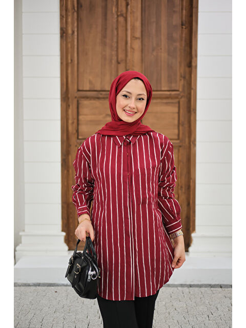 Locco Moda Kadın Kalın Çizgili Detay Gömlek Bordo - S000527470-19951
