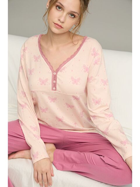Siyah İnci Somon Desenli Örme Pamuklu Pijama Takım25240261 - S000423141-24085