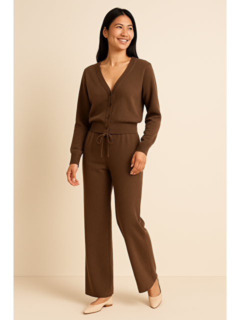 For You Moda Ottoman Kumaş Düğmeli Hırkalı Uzun Kollu Alt Üst Takım | Kahverengi - S000474602-19413