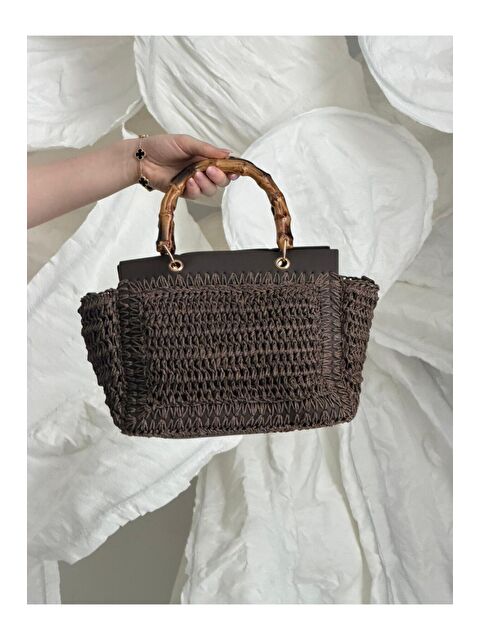 Luminos Butik Bambu Saplı Kahve Hasır Çanta CNT1115