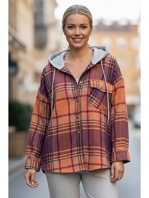 Chiccy Turuncu Kapüşonlu Uzun Kol Oduncu Ekose Düğmeli Cepli Dokuma Gömlek 68 65 - S000486870-20013