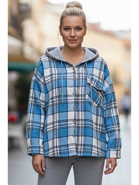 Chiccy Mavi Kapüşonlu Uzun Kol Oduncu Ekose Düğmeli Cepli Dokuma Gömlek 68 65 - S000486867-17234