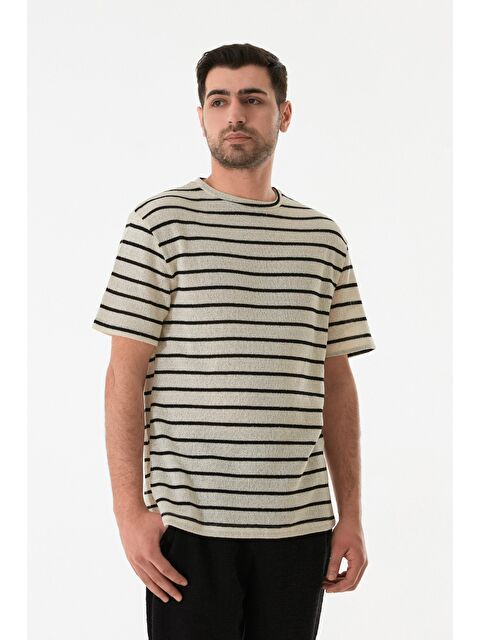 Fullamoda Çizgili Ajurlu Bisiklet Yaka Triko Tişört - S000380556-19351