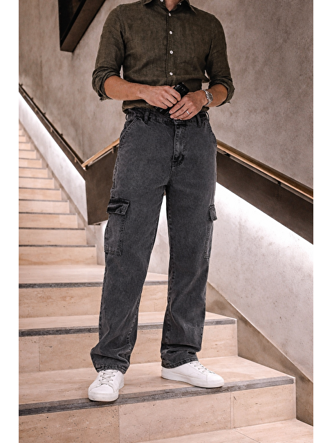 Comstar Erkek Yüksek Bel Bol Paça Antrasit Kargo Baggy Pantolon