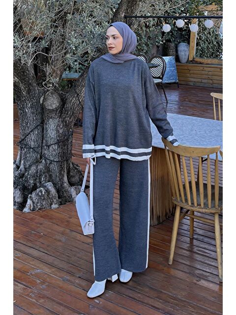 Lamelif Çizgili Pantolon Triko Tesettür Takım Antrasit - S000515354-29666