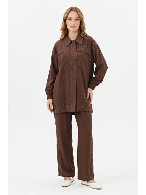 Remsa Dikiş Detaylı Cupra Modal Pantolonlu Takım 14405 Kahverengi