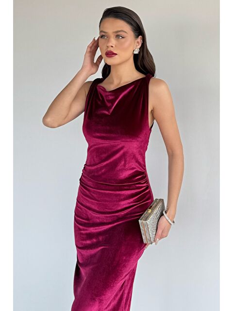 Gülseli Kadın Bel Büzgü Detaylı Elastanlı Kadife Elbise - S000482839-20036