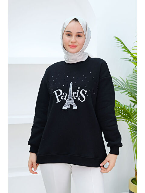 Locco Moda Taş Ve Nakış Detaylı Oversize Sweat Siyah - S000321816-19351