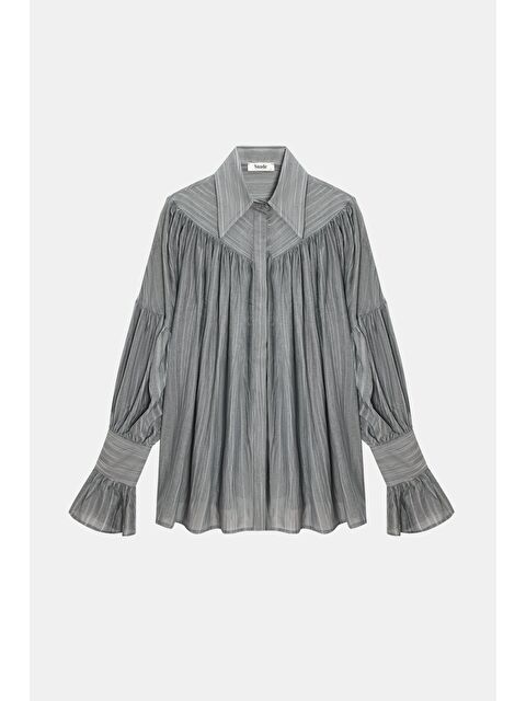 Saade Antrasit Kadın Oversize Büzgülü Düşük Omuz Dokulu Gömlek - Manşet Detaylı - S000497500-29666