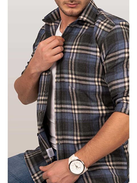 Etikmen Lacivert Beyaz Slimfit %100 Pamuk Erkek Oduncu Gömlek - S000121520-37341