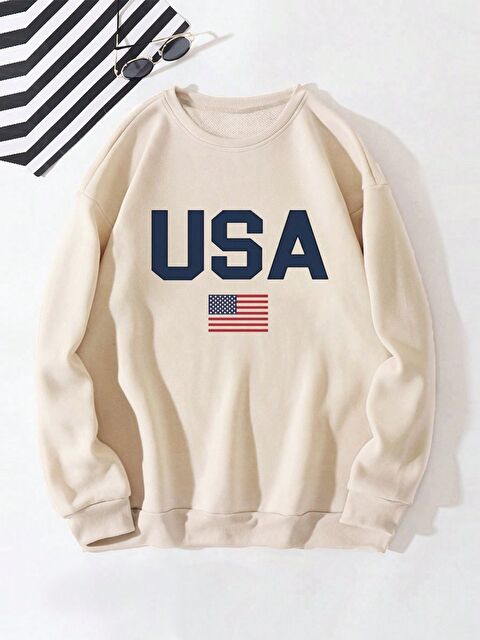 Trendseninle Erkek Bej USA Baskılı Oversize Bisiklet Yaka Uzun Kollu Sweatshirt - S000465817-19928