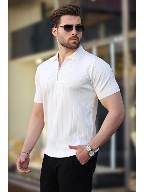 Madmext Beyaz Polo Yaka Fermuarlı Erkek T-Shirt E7298 - S000369912-20063
