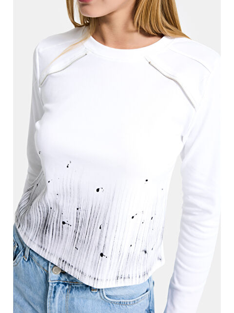 It's Basic Kadın Beyaz w5 Özel Baskılı Kumaş Fermuar Detaylı Tasarım Body