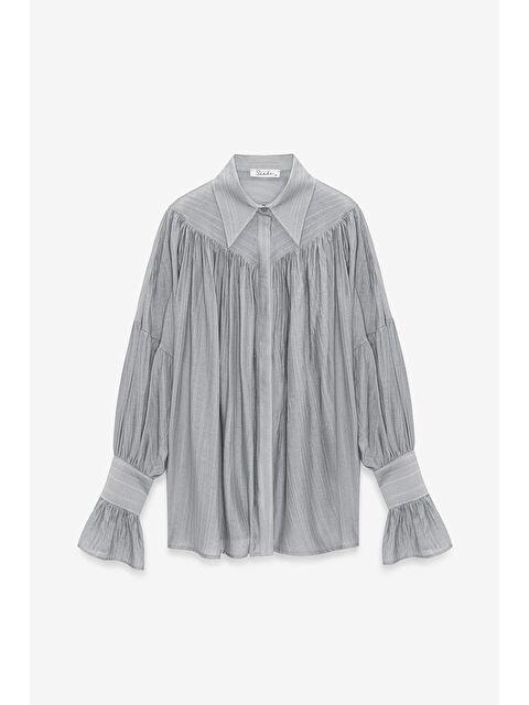 Saade Gri Kadın Oversize Büzgülü Düşük Omuz Dokulu Gömlek - Manşet Detaylı - S000497500-20600