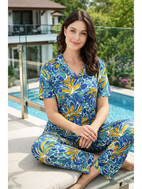 Remsa Kadın Desenli Kısa Kol Elastanlı Viskon Pijama Takımı 0293 Petrol03 - S000514981-37400