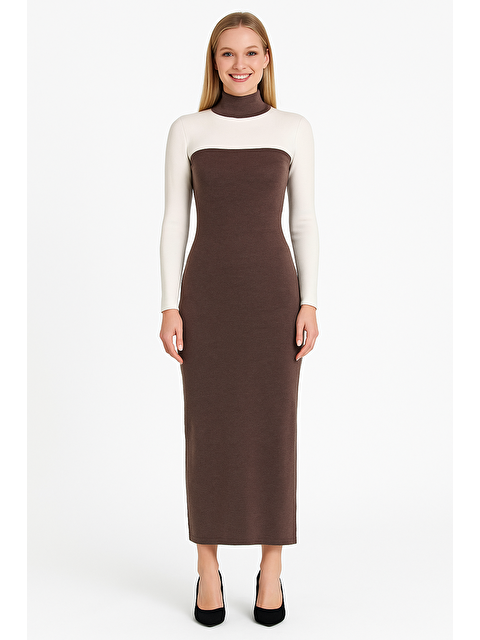 For You Moda Ottoman Kumaş Uzun Elbise – Kahverengi | Kolsuz Boyundan Bağlamalı - S000474604-19413