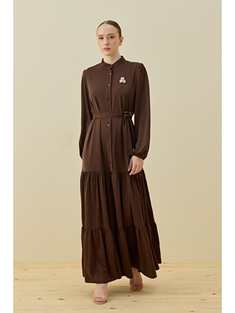 Remsa Broşlu Elbise 1669 Kahverengi - S000527468-19413