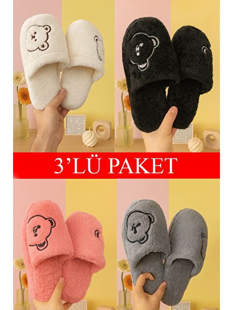 MODAFRATO 3'lü Paket MOMO Ayıcık Kapalı Kadın Terlik Ev Terliği - S000491356-23173