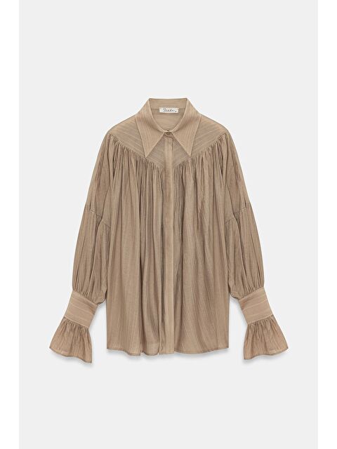 Saade Vizon Kadın Oversize Büzgülü Düşük Omuz Dokulu Gömlek - Manşet Detaylı - S000497500-26429