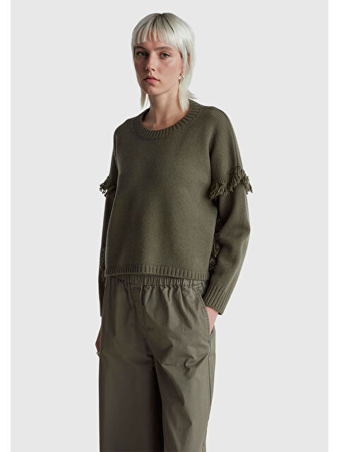 United Colors Of Benetton Kadın Haki Yün ve Akrilik Karışımlı Ribana Detaylı Bisiklet Yaka Kazak - S000481895-18547