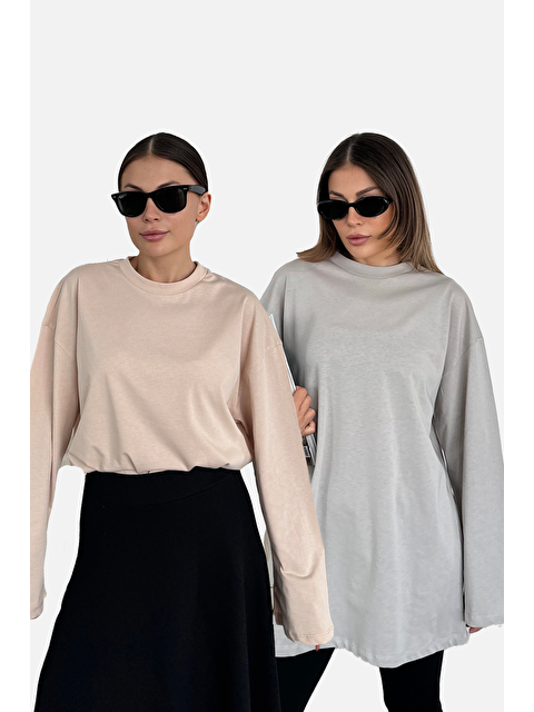 C&City Geniş Kol Oversize 2'Li Paket T-Shirt 964 Gri/Bej - S000388295-37275