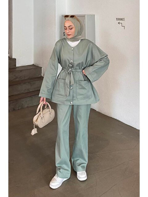 Lamelif Kuşaklı Gabardin Takım Çağla Yeşili - S000515462-14939