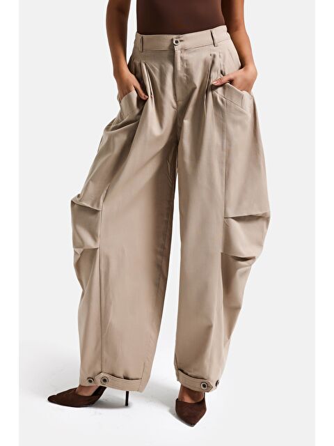 It's Basic Kadın Taş Bej Renk Balon Fit Bol Kesim Organik Keten Kumaş Tasarım Pantolon - S000505896-19928