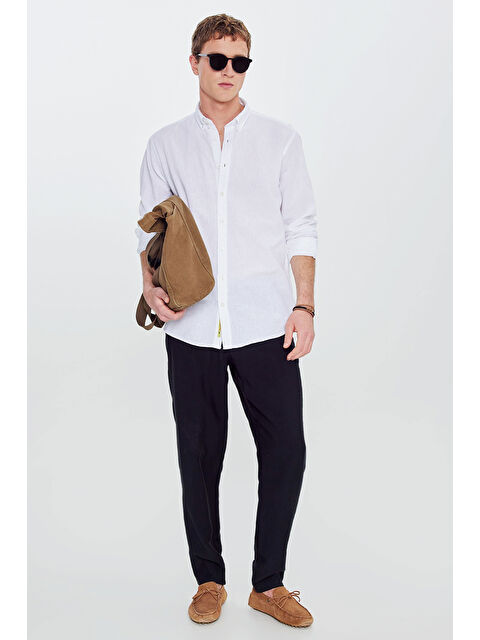 Altınyıldız Classics Erkek Beyaz Pamuklu Keten Comfort Fit Rahat Kesim Düğmeli Yaka Çizgili Gömlek - S000529426-20063