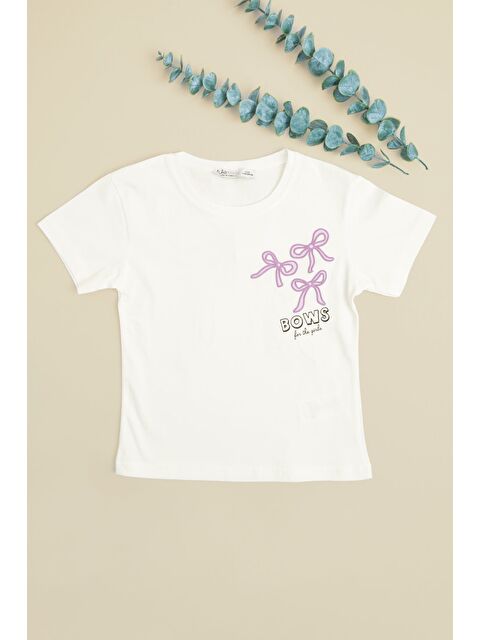 Fullamoda Fiyonk Nakışlı Bisiklet Yaka Kız Çocuk Tişört - S000532069-19965