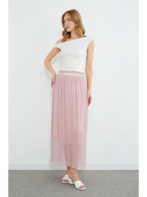 Fullamoda Beli Lastikli Pileli Uzun Şifon Etek