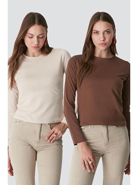 C&City Bisiklet Yaka Uzun Kol 2'Li Basic T-Shirt 955 Bej/Kahverengi - S000216828-37207