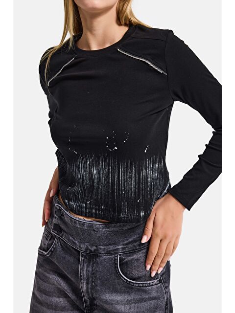 It's Basic Kadın Siyah w5 Özel Baskılı Kumaş Fermuar Detaylı Tasarım Body