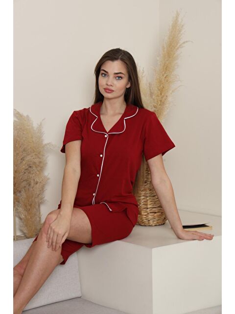 Formo Kadın Bordo %100 Pamuk Biyeli Yüksek Kaliteli Gömlek Yaka Düğmeli Kısa Kollu Şortlu Pijama Takımı - S000418064-19951