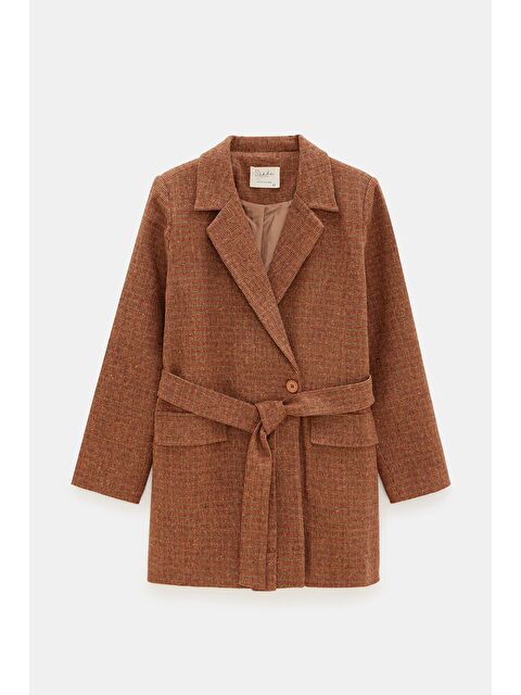 Saade Kahverengi Premium Kuşaklı Cep Detaylı Blazer Dokuma Ceket - S000497502-19413