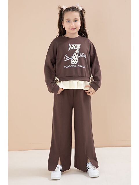 Cansın Mini Kahverengi Yırtmaçlı Pantolonlu Fiyonklu Yazılı Badili Kız Çocuk 2li Takım 23596 - S000510885-19413