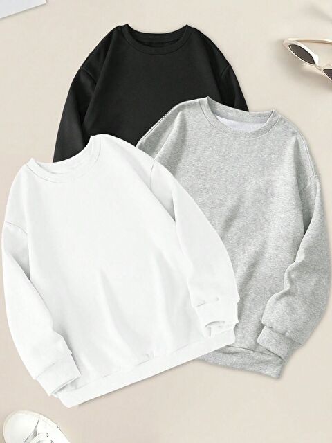 Trendseninle Kadın Siyah Beyaz Gri Düz Bisiklet Yaka 3lü Sweatshirt Set - S000272889-27207