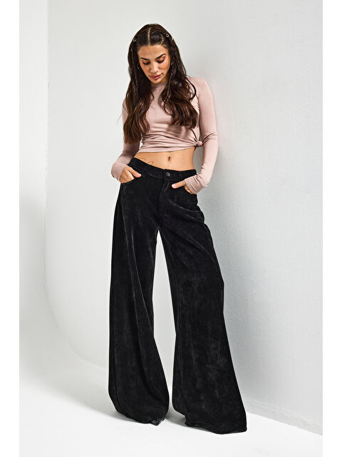 It's Basic Kadın Siyah w5-1 Palazzo Fit Kadife Velvet Kumaş Pantolon - S000505897-19351