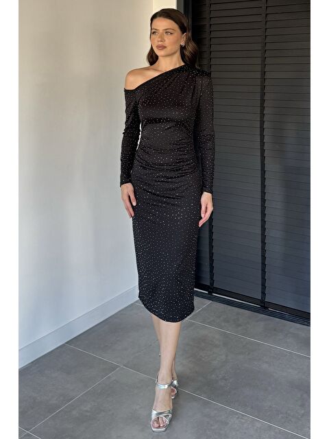 Gülseli Tek Omuz Detaylı Taşlı Elbise - S000482831-19351