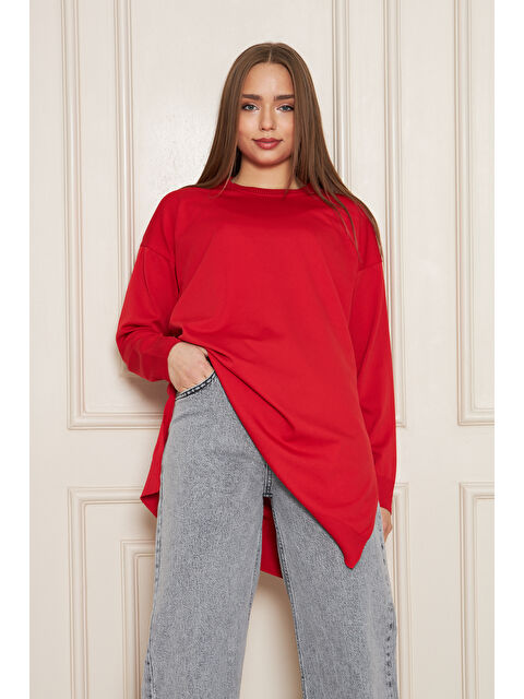 Comstar Kadın Bisiklet Yaka Yırtmaçlı Oversize Kırmızı Triko Kazak