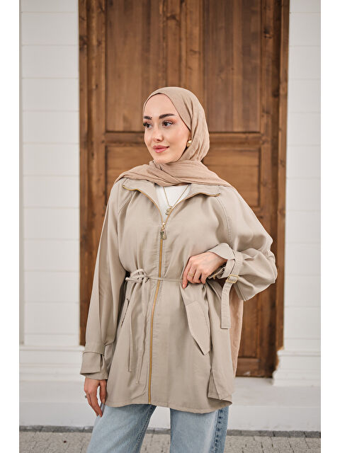 Locco Moda Kadın Gold Fermuar Detay Dikiş İzli Ceket Bej - S000511130-19928