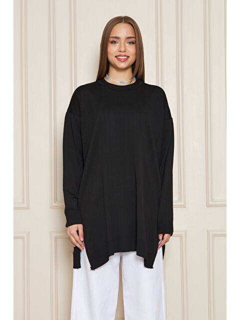 Comstar Kadın Bisiklet Yaka Yırtmaçlı Oversize Siyah Triko Kazak