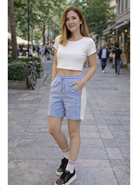 Comstar Kadın Trend Premium Comfort Çizgili Mavi Şort