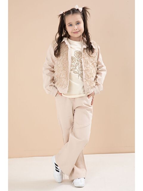 Cansın Mini Krem Önü Gül İşlemeli Ceketli Kız Çocuk Pantolonlu 3lü Alt Üst Takım 23606 - S000510888-19966